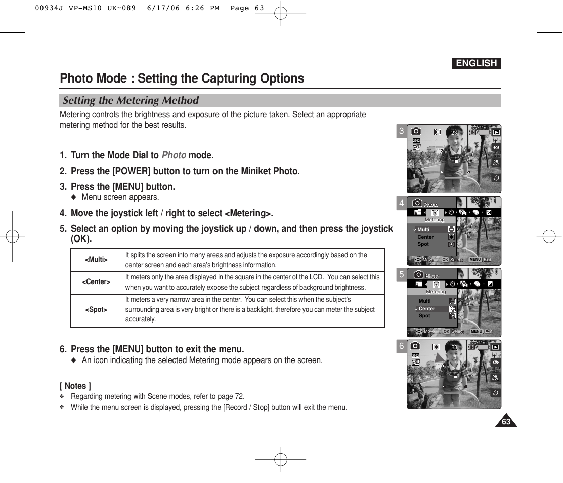 Setting the metering method, Photo mode : setting the capturing options, English | Menu screen appears | Samsung VP-MS11 User Manual | Page 63 / 160
