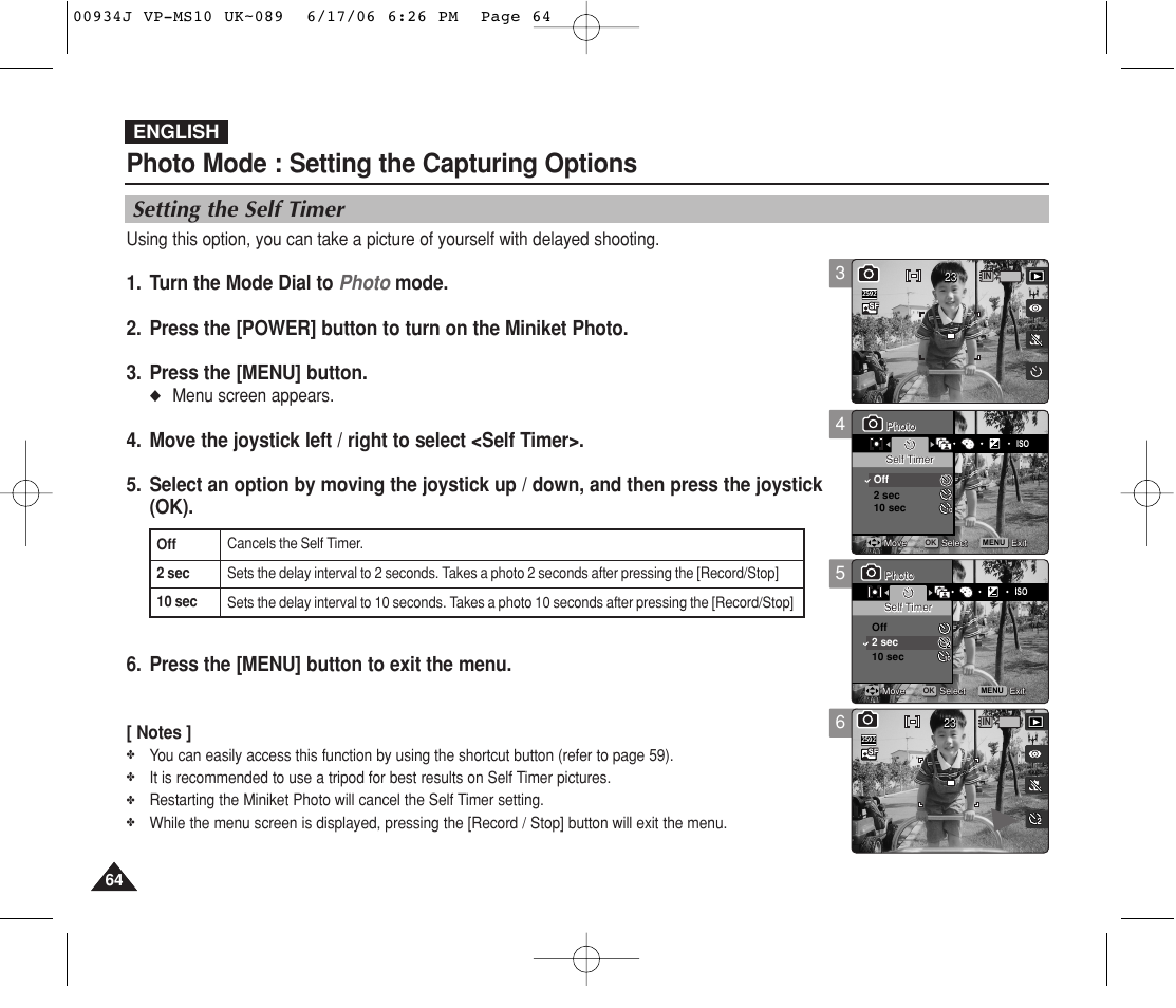 Setting the self timer, Photo mode : setting the capturing options, English | Menu screen appears | Samsung VP-MS11 User Manual | Page 64 / 160