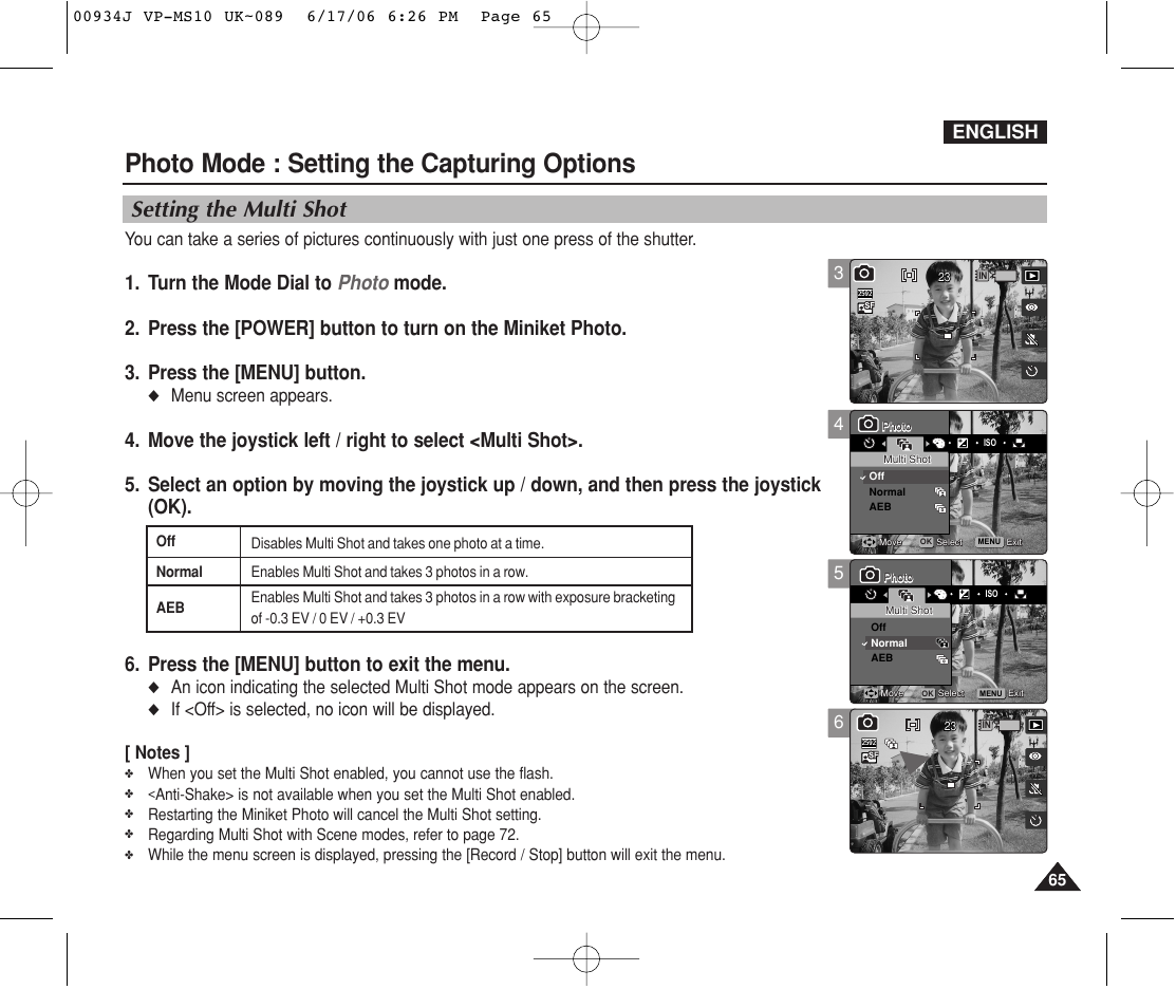 Setting the multi shot, Photo mode : setting the capturing options, English | Menu screen appears | Samsung VP-MS11 User Manual | Page 65 / 160