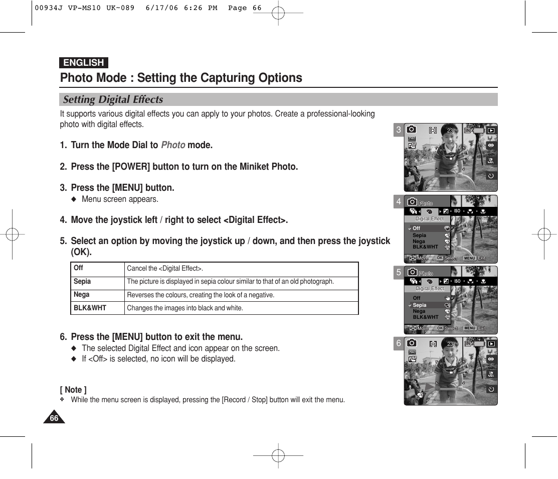 Setting digital effects, Photo mode : setting the capturing options, English | Menu screen appears | Samsung VP-MS11 User Manual | Page 66 / 160