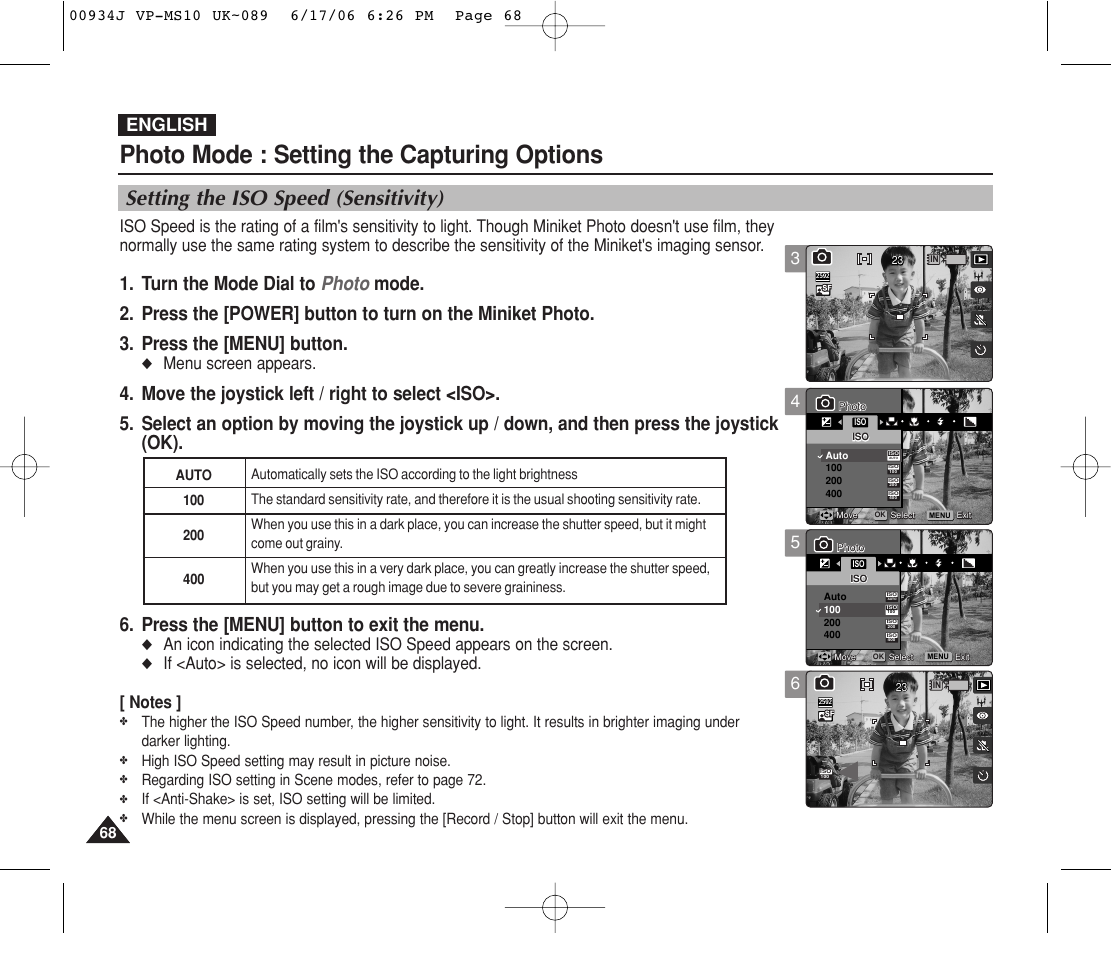 Setting the iso speed (sensitivity), Photo mode : setting the capturing options, English | Menu screen appears, High iso speed setting may result in picture noise | Samsung VP-MS11 User Manual | Page 68 / 160