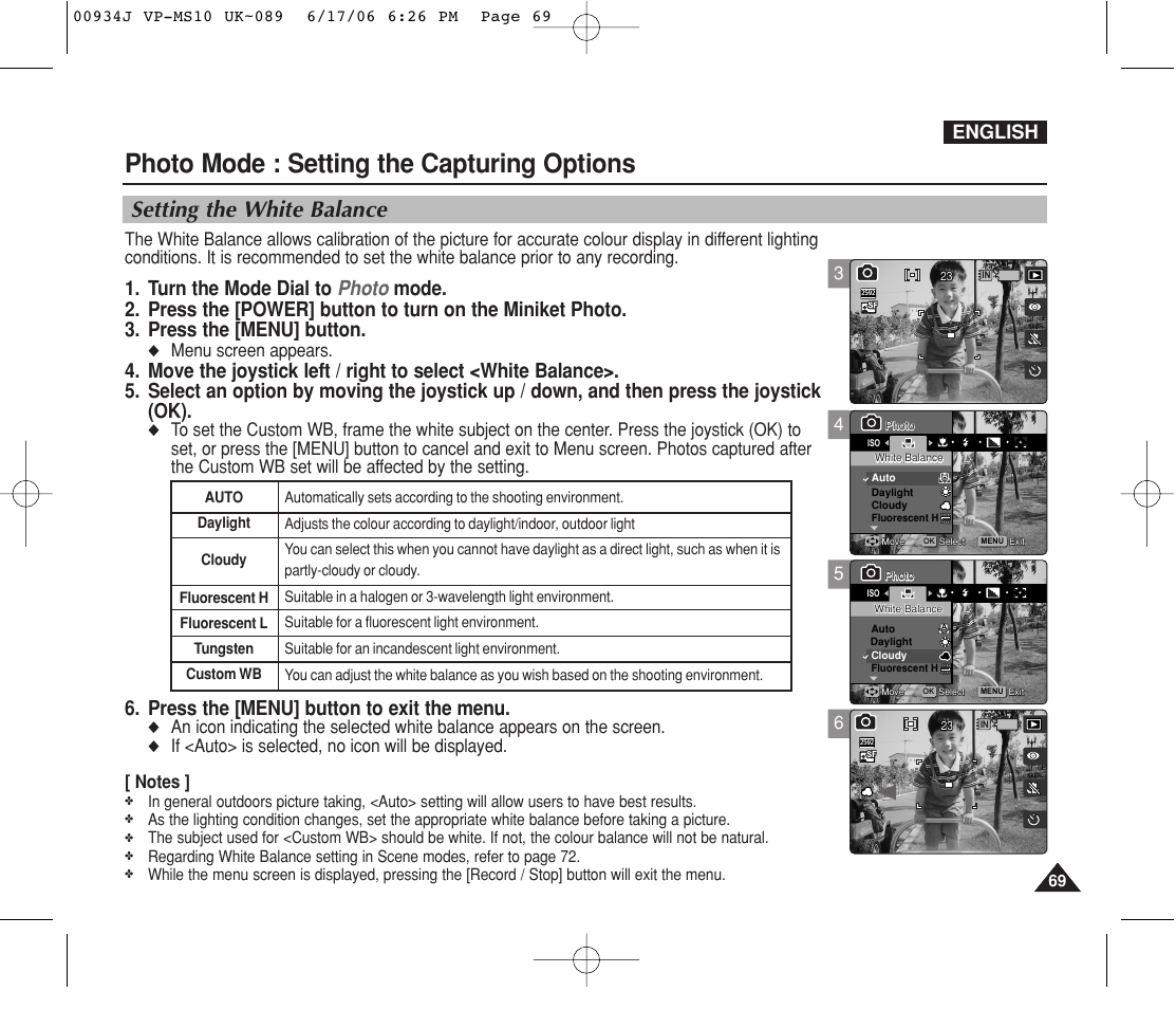 Setting the white balance, Photo mode : setting the capturing options, Press the [menu] button to exit the menu | English, Menu screen appears | Samsung VP-MS11 User Manual | Page 69 / 160