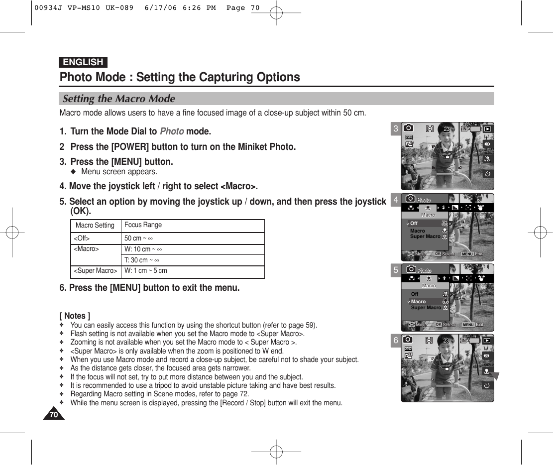 Setting the macro mode, Photo mode : setting the capturing options, English | Menu screen appears | Samsung VP-MS11 User Manual | Page 70 / 160