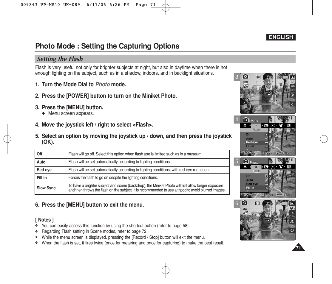 Setting the flash, Photo mode : setting the capturing options, English | Menu screen appears | Samsung VP-MS11 User Manual | Page 71 / 160