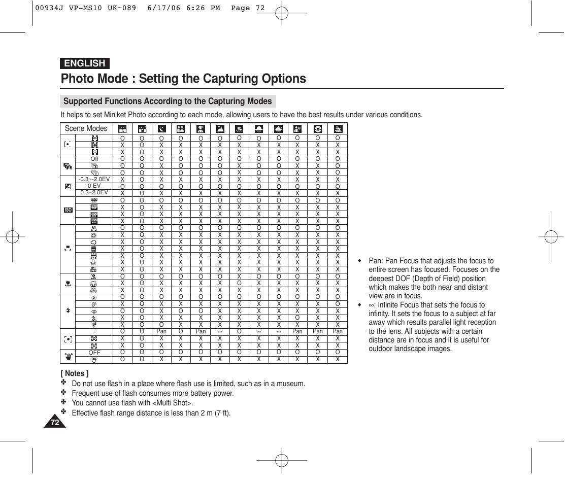 Photo mode : setting the capturing options, English | Samsung VP-MS11 User Manual | Page 72 / 160