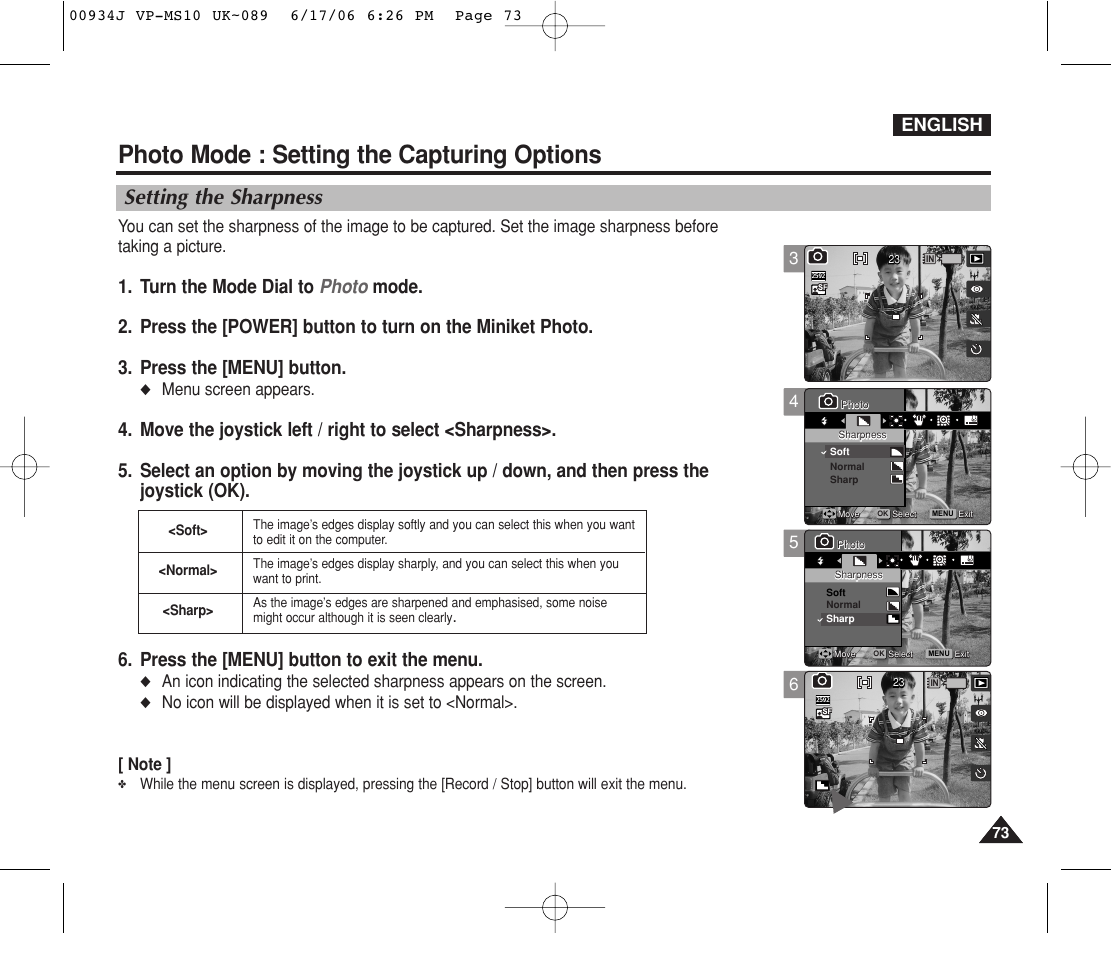 Setting the sharpness, Photo mode : setting the capturing options, English | Menu screen appears | Samsung VP-MS11 User Manual | Page 73 / 160