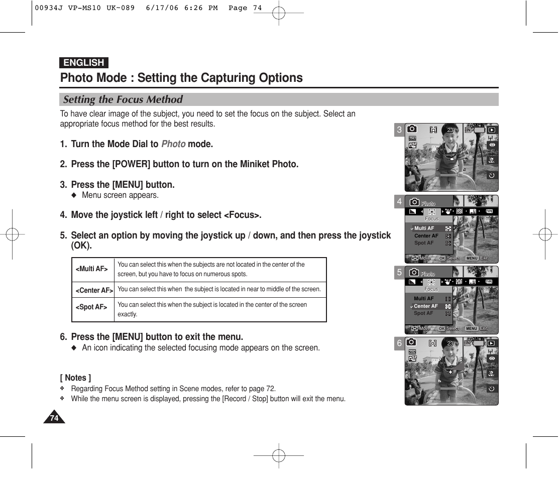 Setting the focus method, Photo mode : setting the capturing options, English | Menu screen appears | Samsung VP-MS11 User Manual | Page 74 / 160