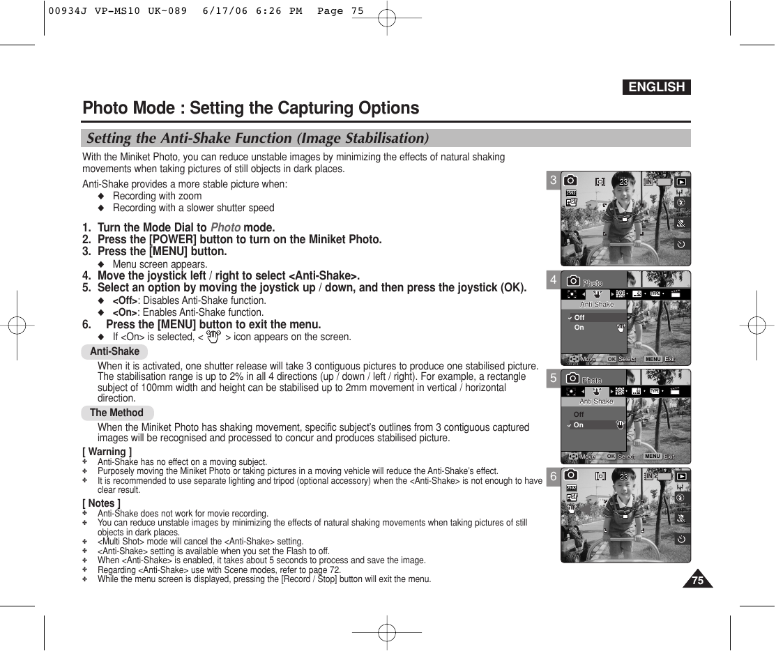Photo mode : setting the capturing options, English, Press the [menu] button to exit the menu | Samsung VP-MS11 User Manual | Page 75 / 160