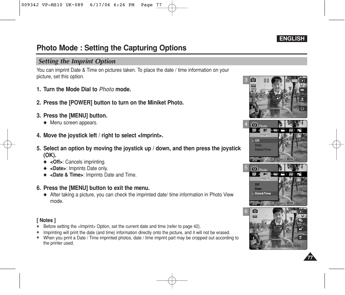 Setting the imprint option, Photo mode : setting the capturing options, Press the [menu] button to exit the menu | English, Menu screen appears, Off> : cancels imprinting, Date> : imprints date only, Date & time> : imprints date and time | Samsung VP-MS11 User Manual | Page 77 / 160