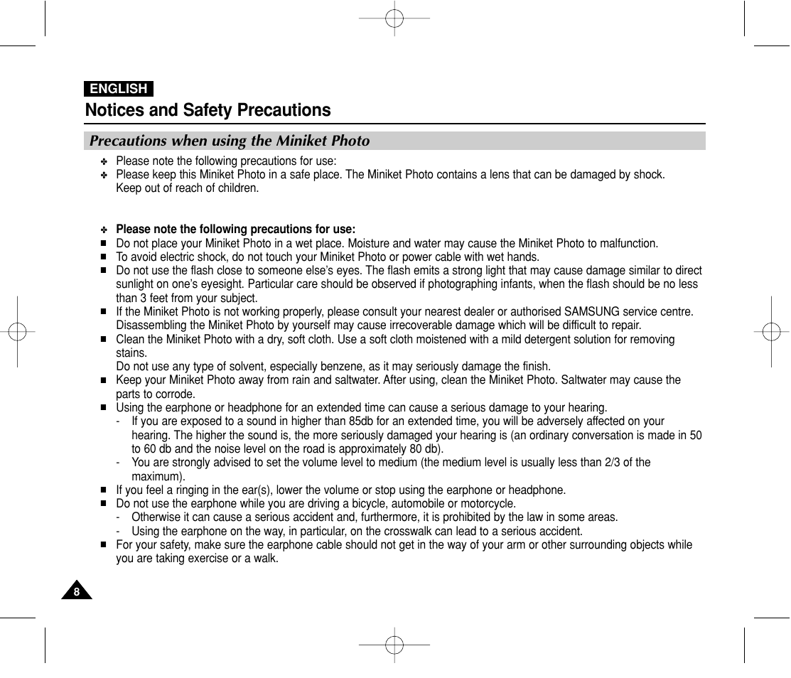Notices and safety precautions, Precautions when using the miniket photo | Samsung VP-MS11 User Manual | Page 8 / 160