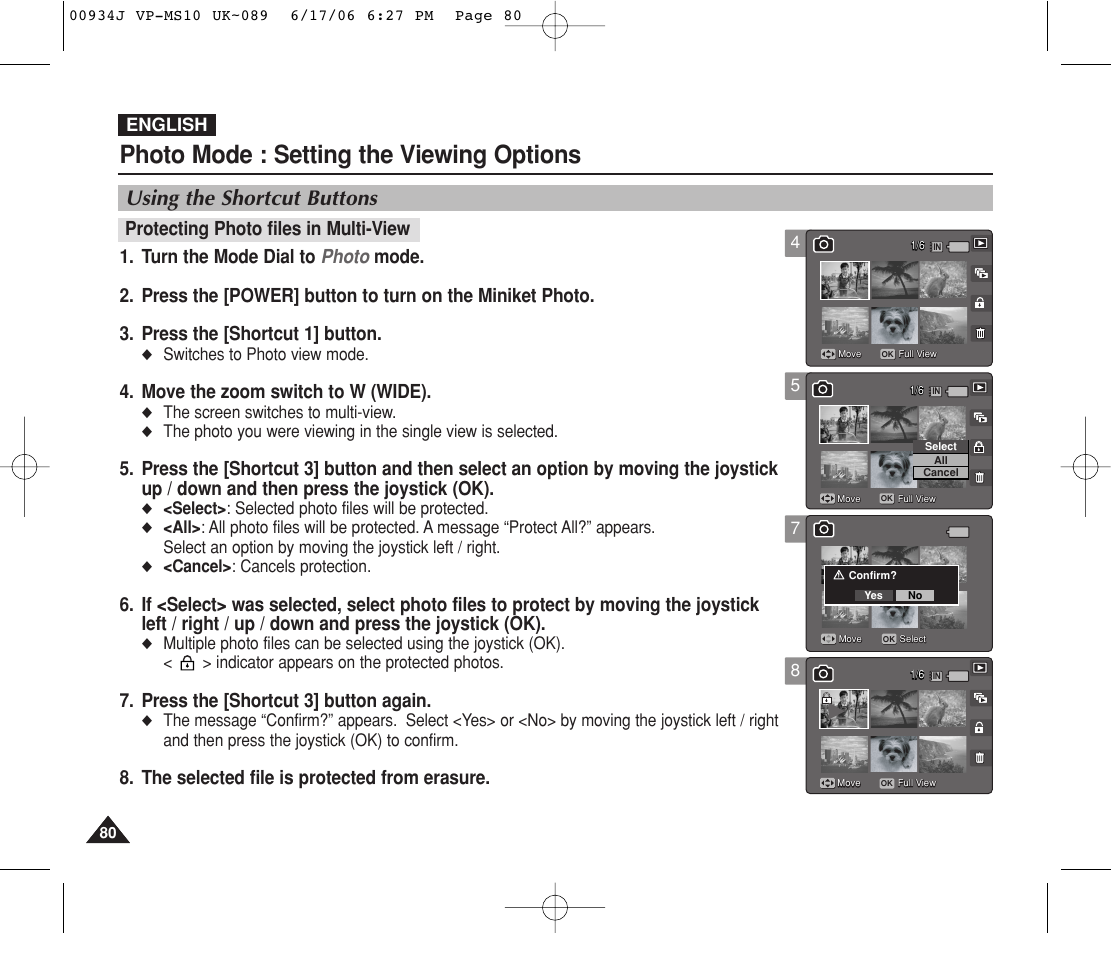 Photo mode : setting the viewing options, Using the shortcut buttons, Move the zoom switch to w (wide) | Press the [shortcut 3] button again, The selected file is protected from erasure, Protecting photo files in multi-view, English | Samsung VP-MS11 User Manual | Page 80 / 160
