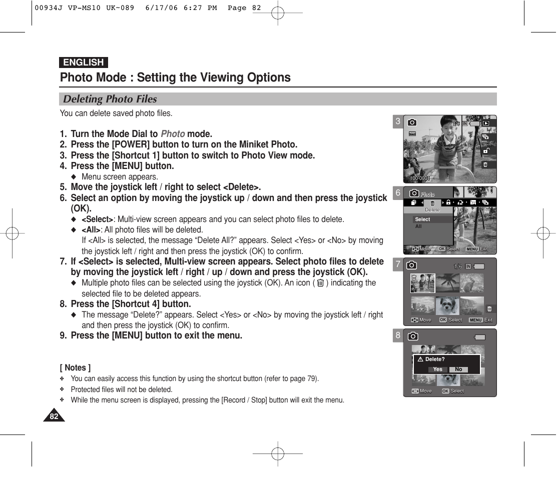 Deleting photo files, Photo mode : setting the viewing options, Press the [shortcut 4] button | Press the [menu] button to exit the menu, English, You can delete saved photo files, Menu screen appears | Samsung VP-MS11 User Manual | Page 82 / 160