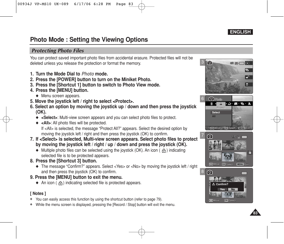 Protecting photo files, Photo mode : setting the viewing options, Press the [shortcut 3] button | Press the [menu] button to exit the menu, English, Menu screen appears | Samsung VP-MS11 User Manual | Page 83 / 160