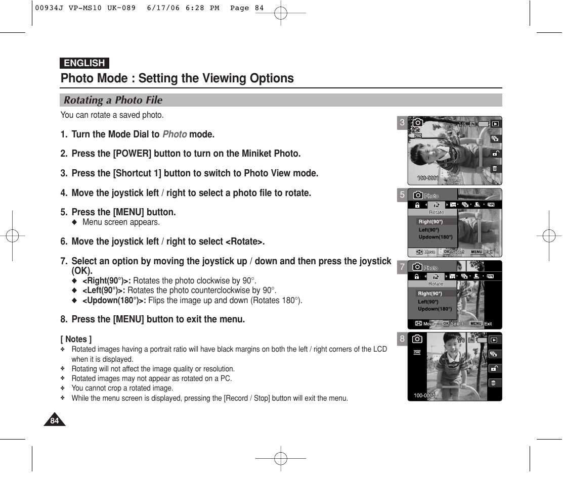 Rotating a photo file, Photo mode : setting the viewing options | Samsung VP-MS11 User Manual | Page 84 / 160