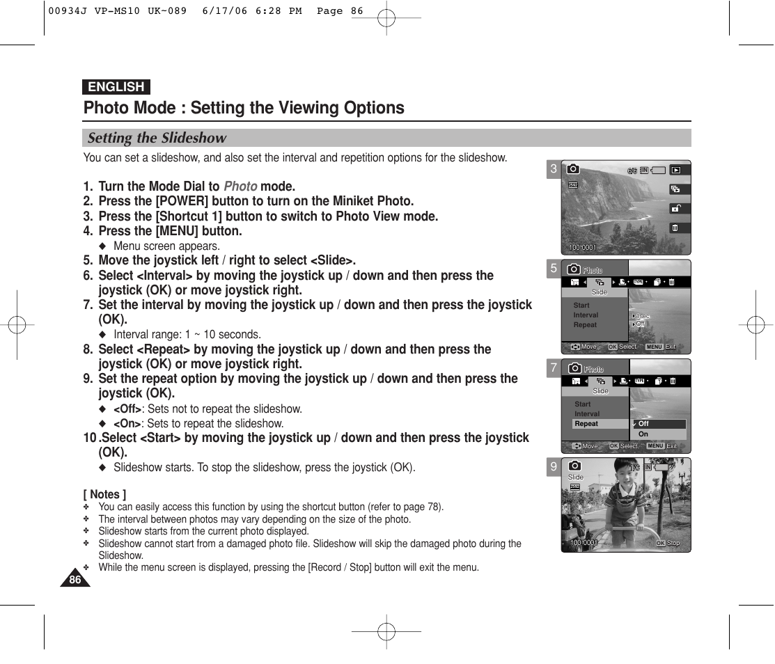 Setting the slideshow, Photo mode : setting the viewing options, English | Menu screen appears, Interval range: 1 ~ 10 seconds, Off> : sets not to repeat the slideshow, On> : sets to repeat the slideshow | Samsung VP-MS11 User Manual | Page 86 / 160