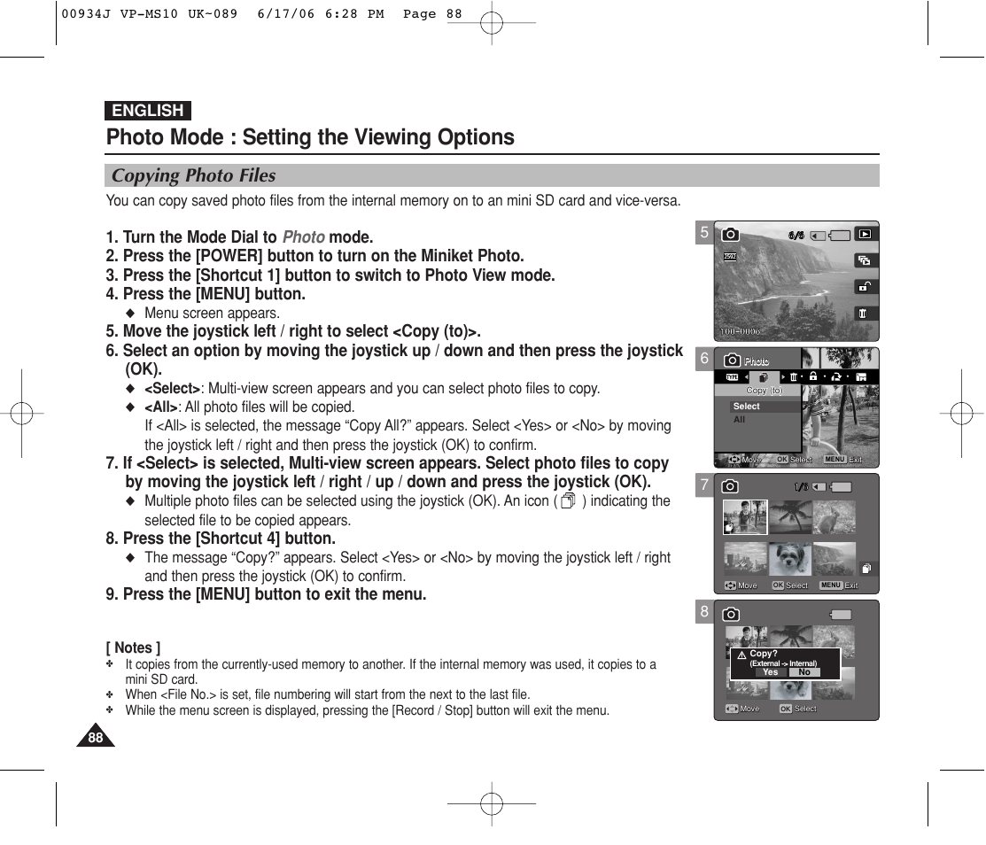 Copying photo files, Photo mode : setting the viewing options, Press the [shortcut 4] button | Press the [menu] button to exit the menu, English, Menu screen appears | Samsung VP-MS11 User Manual | Page 88 / 160