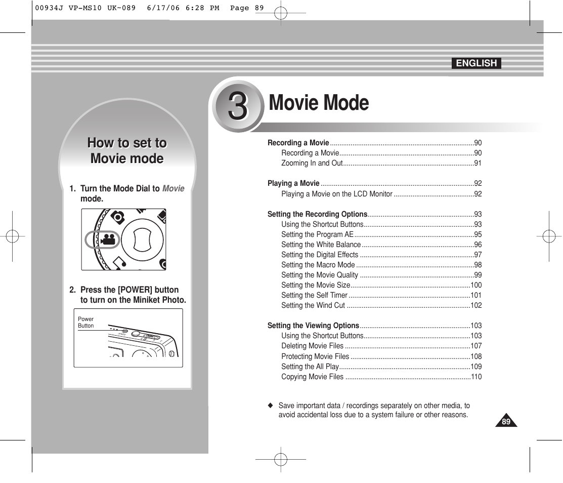 Movie mode, How to set to movie mode how to set to movie mode | Samsung VP-MS11 User Manual | Page 89 / 160