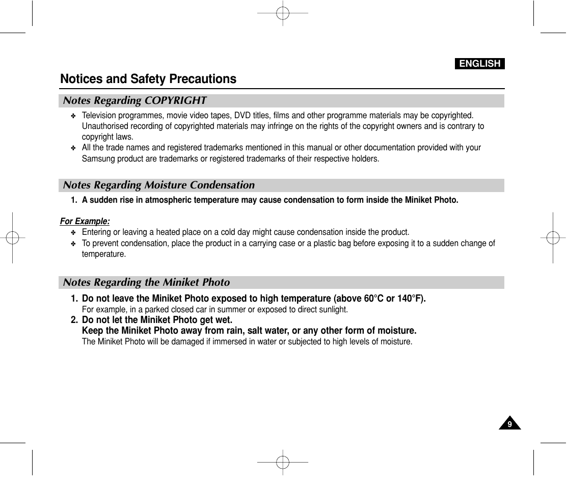 Notes regarding copyright, Notes regarding moisture condensation, Notes regarding the miniket photo | Notices and safety precautions | Samsung VP-MS11 User Manual | Page 9 / 160