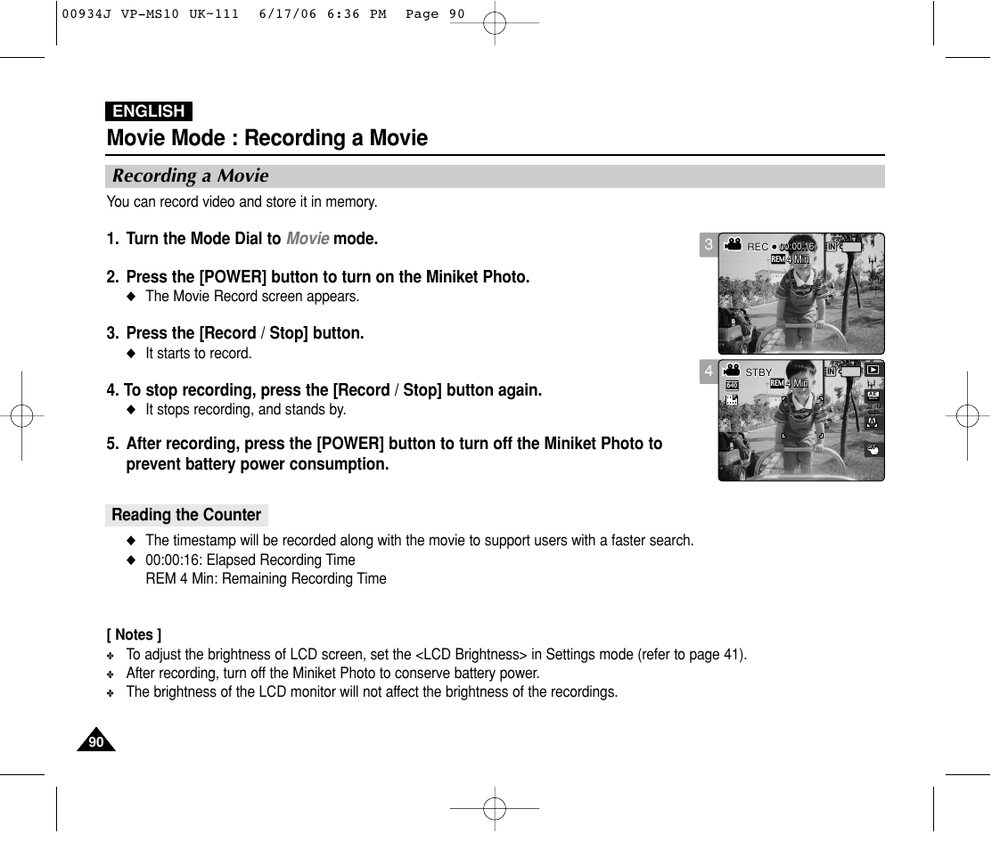 Recording a movie, Movie mode : recording a movie, Press the [record / stop] button | Reading the counter, English | Samsung VP-MS11 User Manual | Page 90 / 160