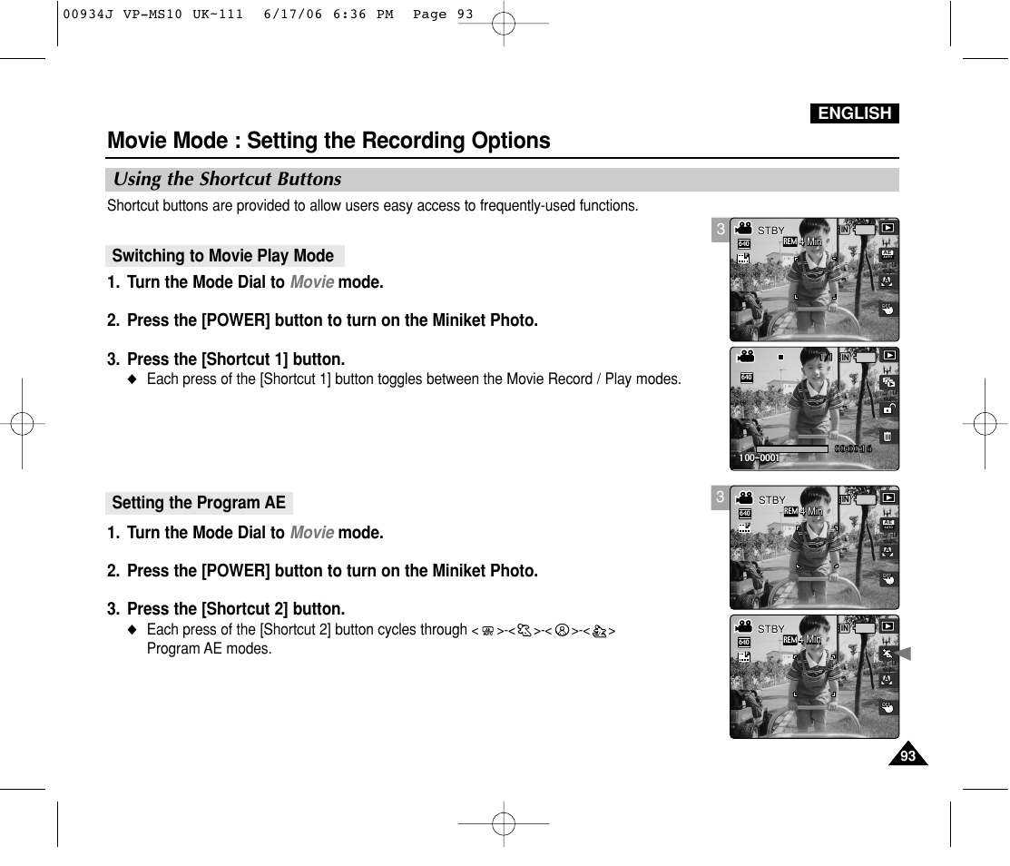Setting the recording options, Using the shortcut buttons, Movie mode : setting the recording options | English, Program ae modes | Samsung VP-MS11 User Manual | Page 93 / 160
