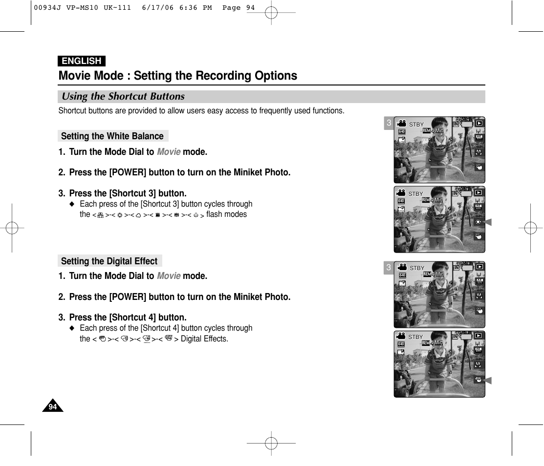 Movie mode : setting the recording options, Using the shortcut buttons, English | Flash modes | Samsung VP-MS11 User Manual | Page 94 / 160