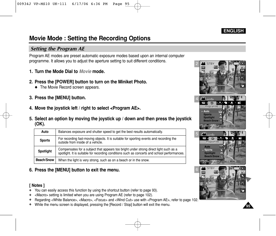 Setting the program ae, Movie mode : setting the recording options, English | The movie record screen appears | Samsung VP-MS11 User Manual | Page 95 / 160