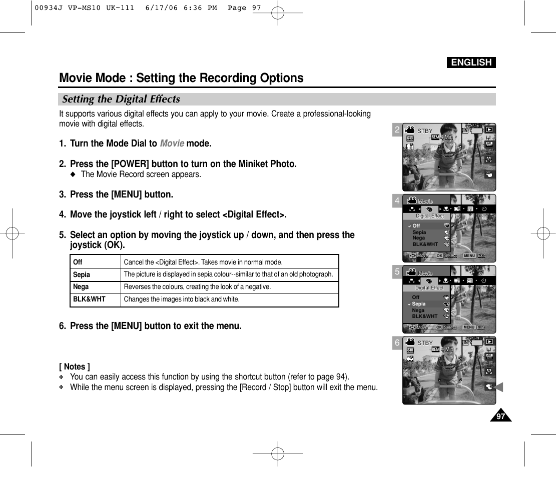 Setting the digital effects, Movie mode : setting the recording options, English | The movie record screen appears | Samsung VP-MS11 User Manual | Page 97 / 160