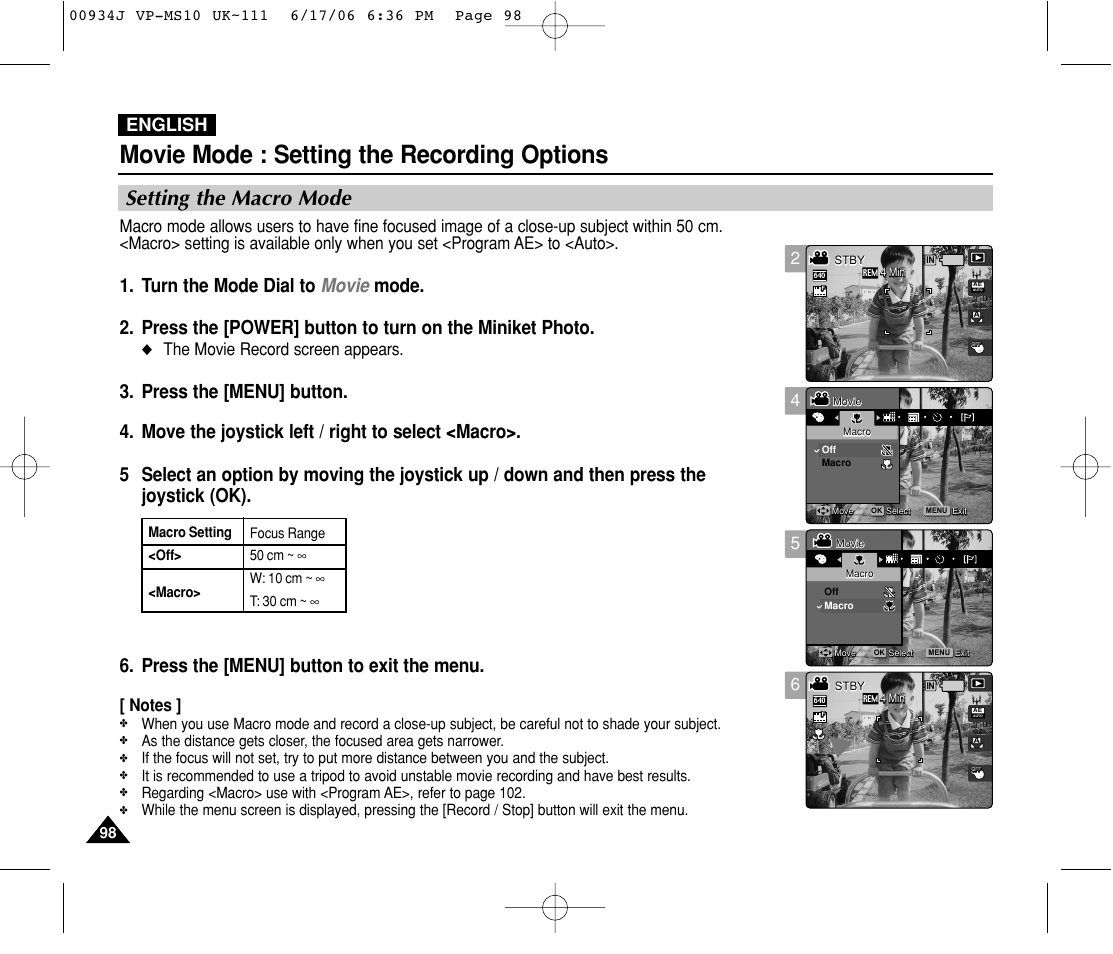 Setting the macro mode, Movie mode : setting the recording options, English | The movie record screen appears | Samsung VP-MS11 User Manual | Page 98 / 160