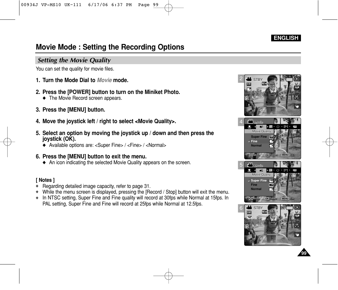 Setting the movie quality, Movie mode : setting the recording options, Press the [menu] button to exit the menu | English, You can set the quality for movie files, The movie record screen appears | Samsung VP-MS11 User Manual | Page 99 / 160