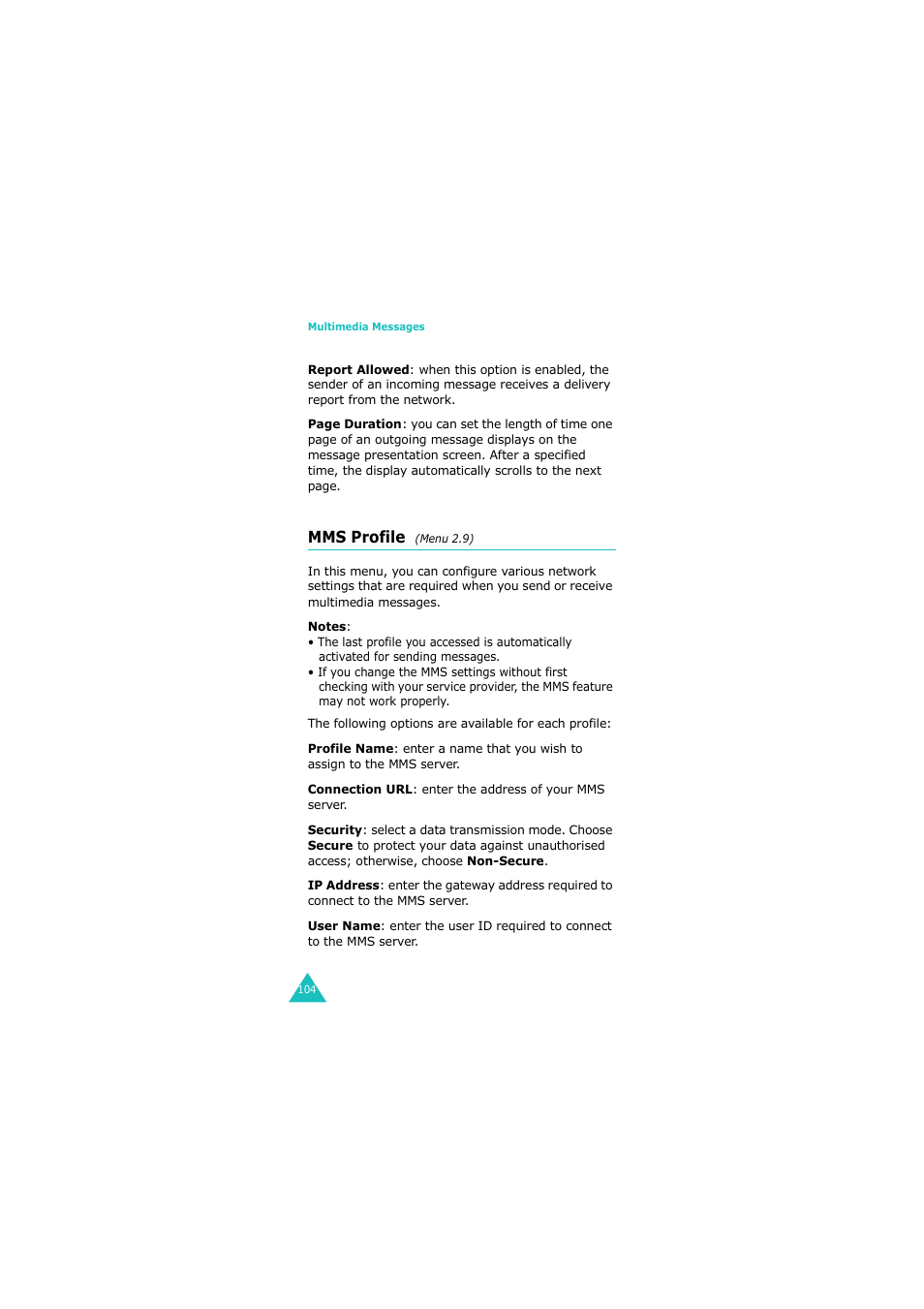 Mms profile (menu 2.9), Mms profile | Samsung G H68-05336A User Manual | Page 105 / 201