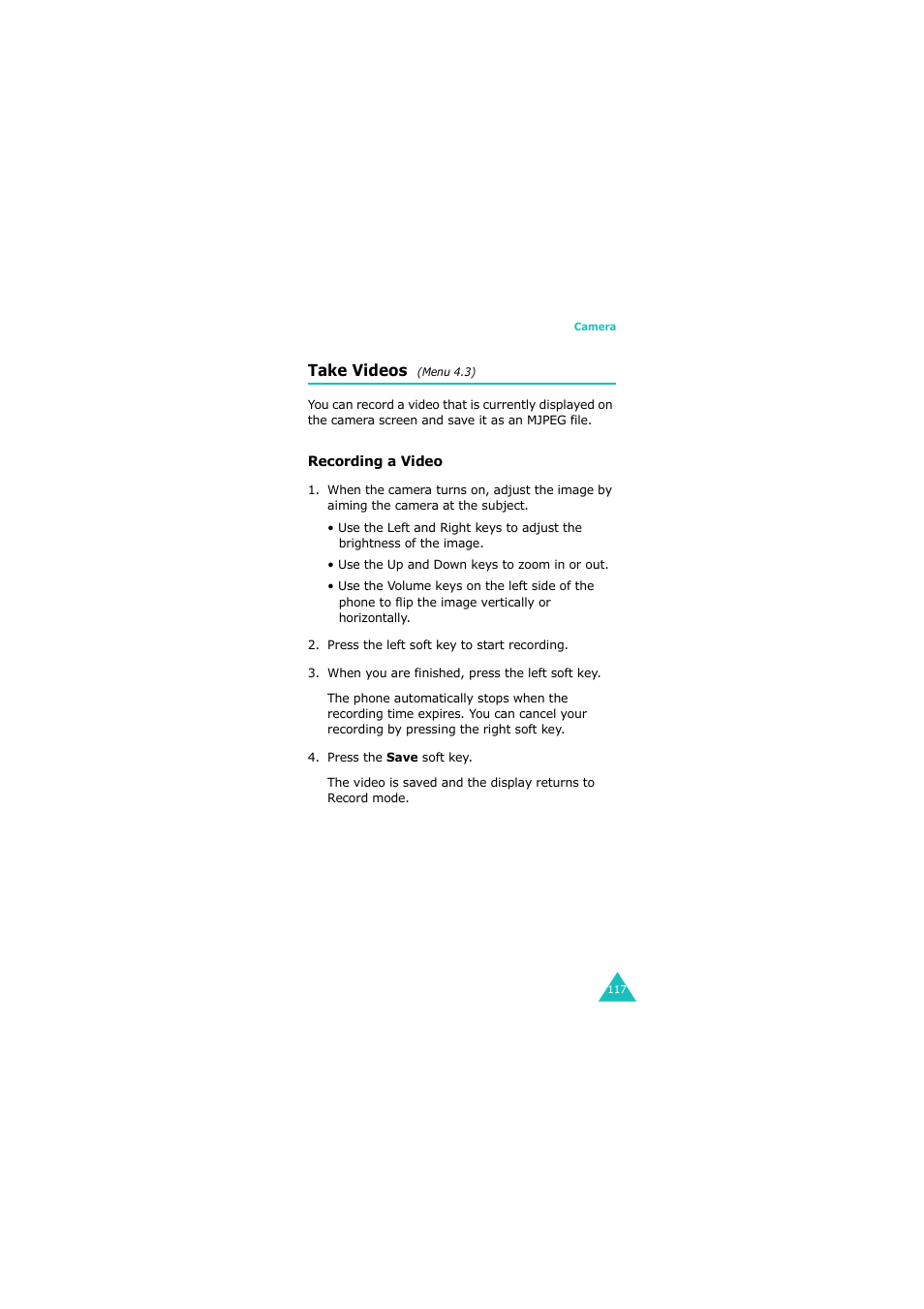 Take videos (menu 4.3), Take videos, Menu 4 | Samsung G H68-05336A User Manual | Page 118 / 201