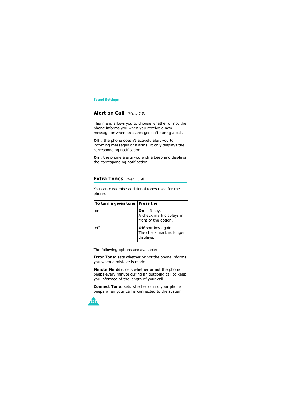 Alert on call (menu 5.8), Extra tones (menu 5.9), Alert on call | Menu, Extra tones, Menu 5 | Samsung G H68-05336A User Manual | Page 125 / 201