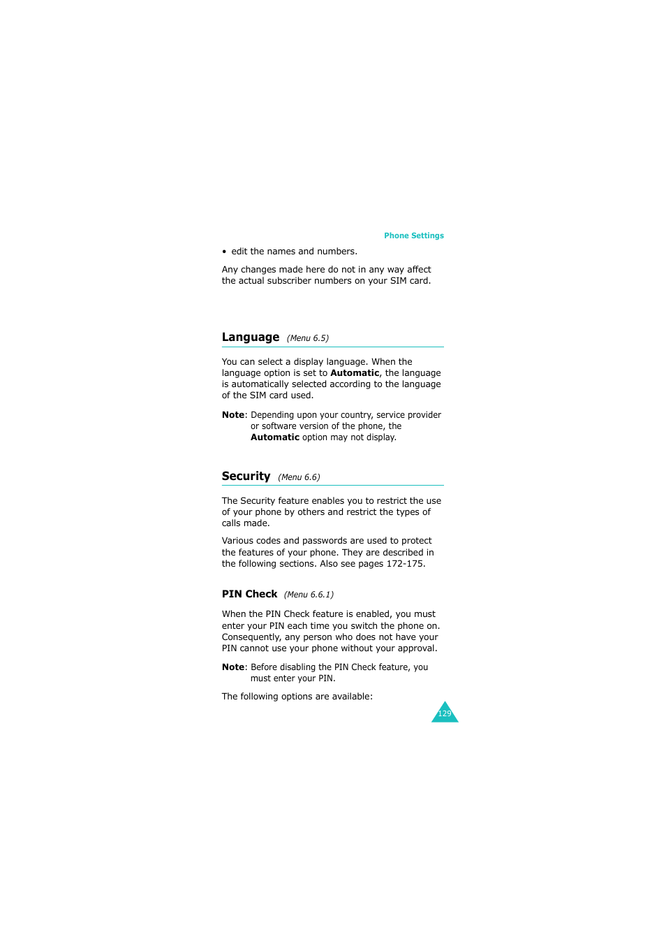 Language (menu 6.5), Security (menu 6.6), Language | Security | Samsung G H68-05336A User Manual | Page 130 / 201