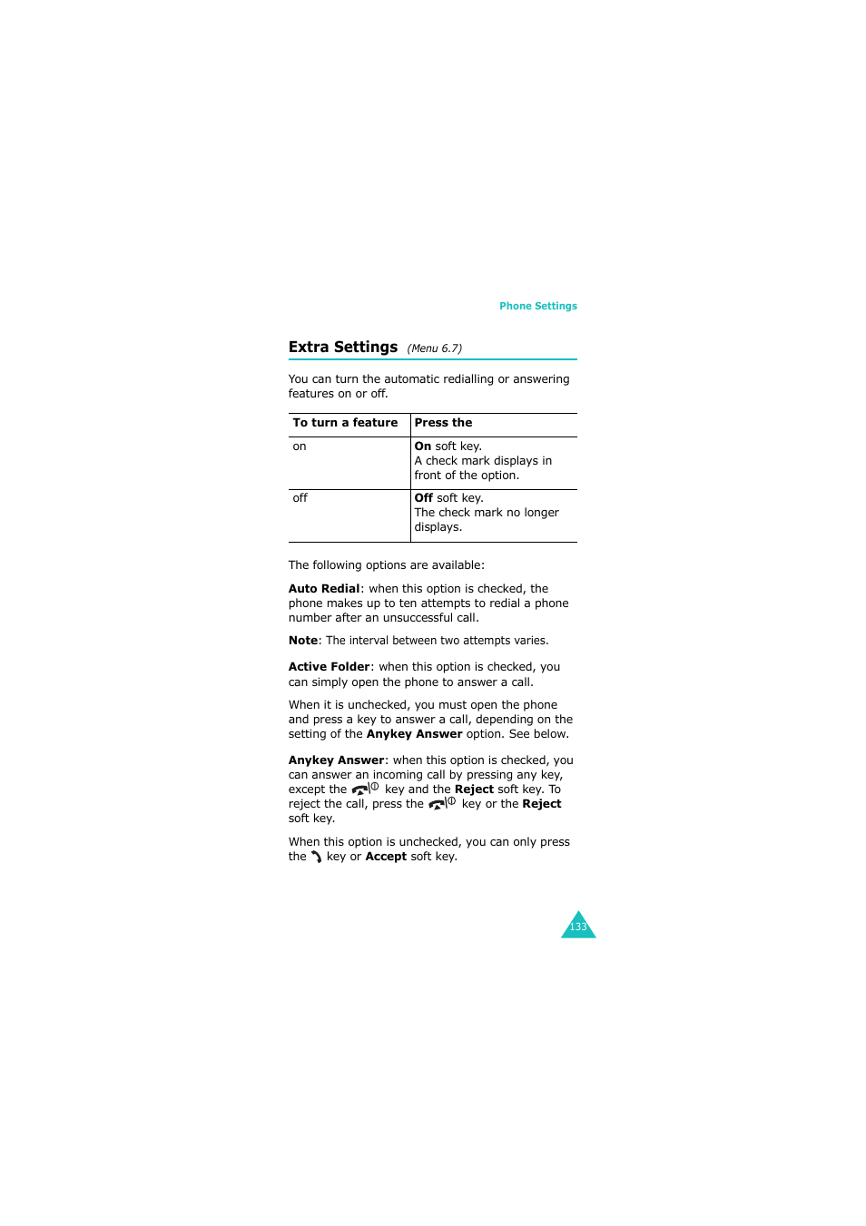 Extra settings (menu 6.7), Extra settings | Samsung G H68-05336A User Manual | Page 134 / 201