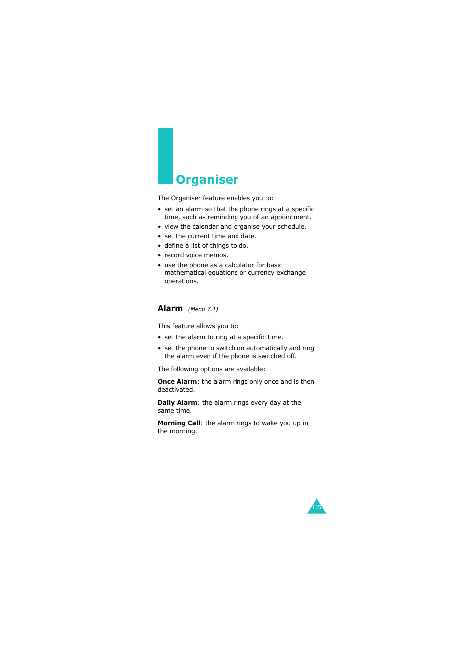 Organiser, Alarm (menu 7.1), Alarm | Samsung G H68-05336A User Manual | Page 136 / 201