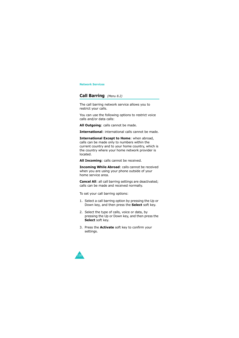 Call barring (menu 8.2), Call barring | Samsung G H68-05336A User Manual | Page 151 / 201