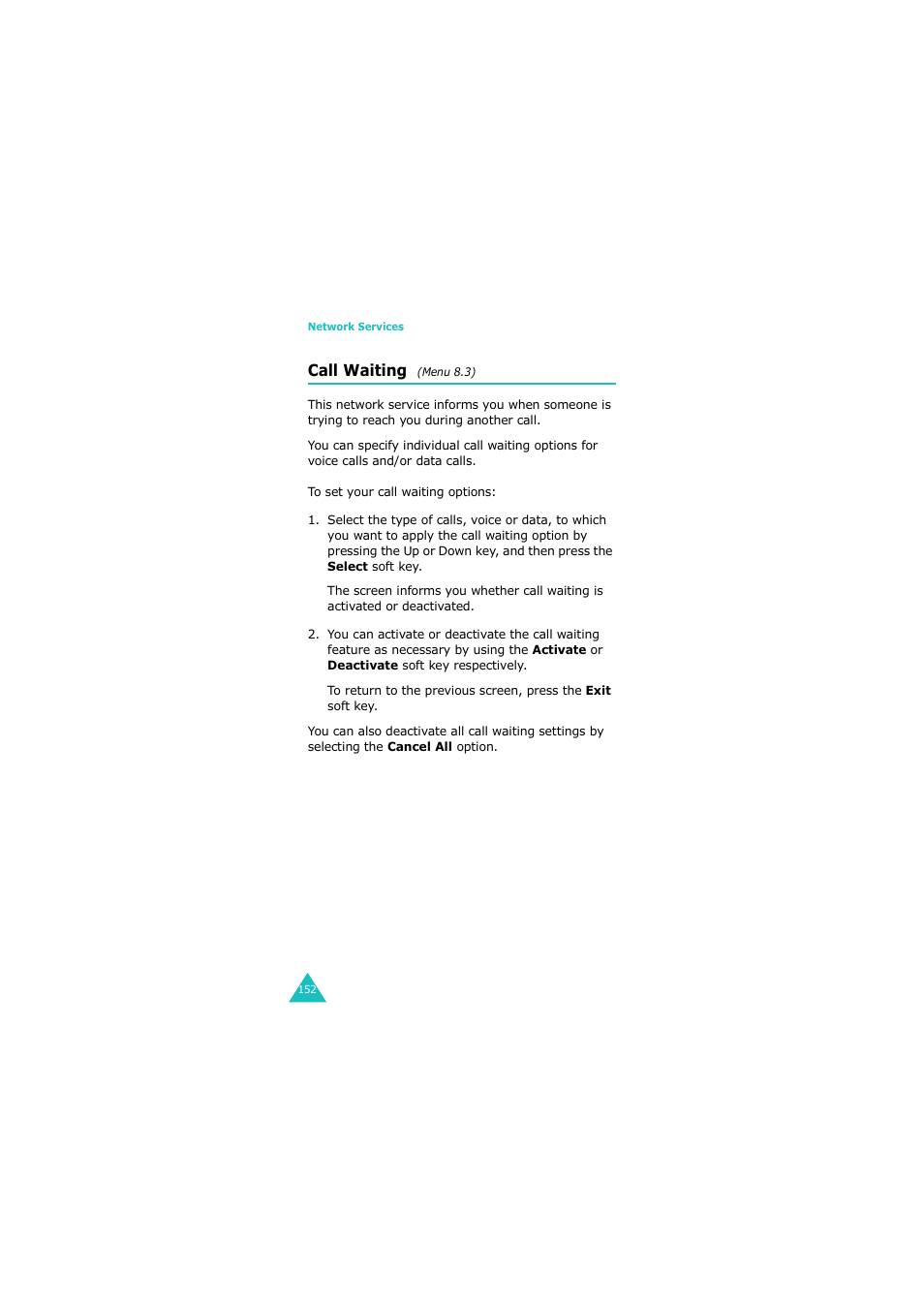 Call waiting (menu 8.3), Call waiting, Menu 8 | Samsung G H68-05336A User Manual | Page 153 / 201