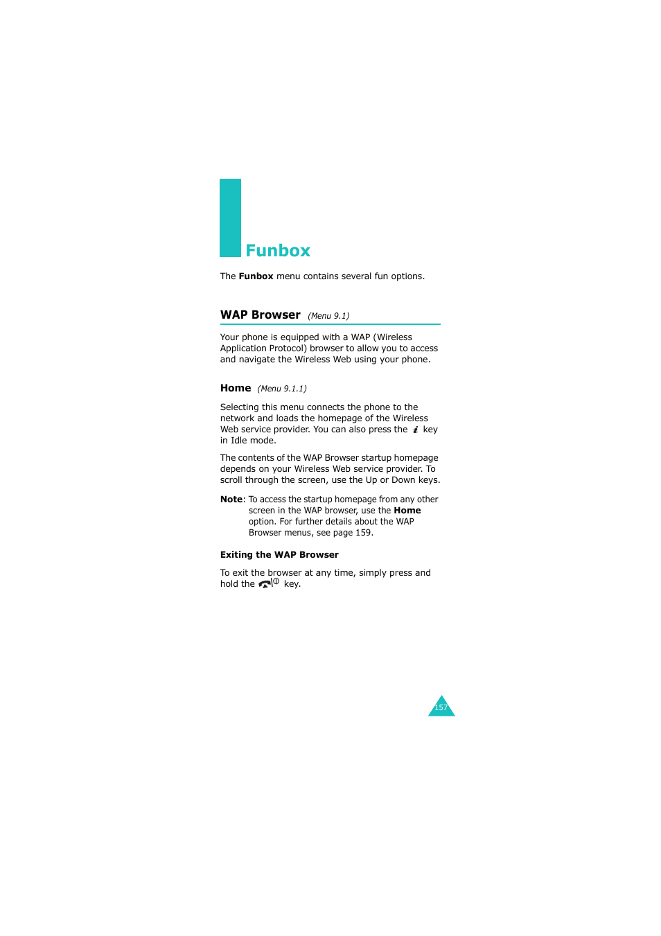 Funbox, Wap browser (menu 9.1), Wap browser | Samsung G H68-05336A User Manual | Page 158 / 201