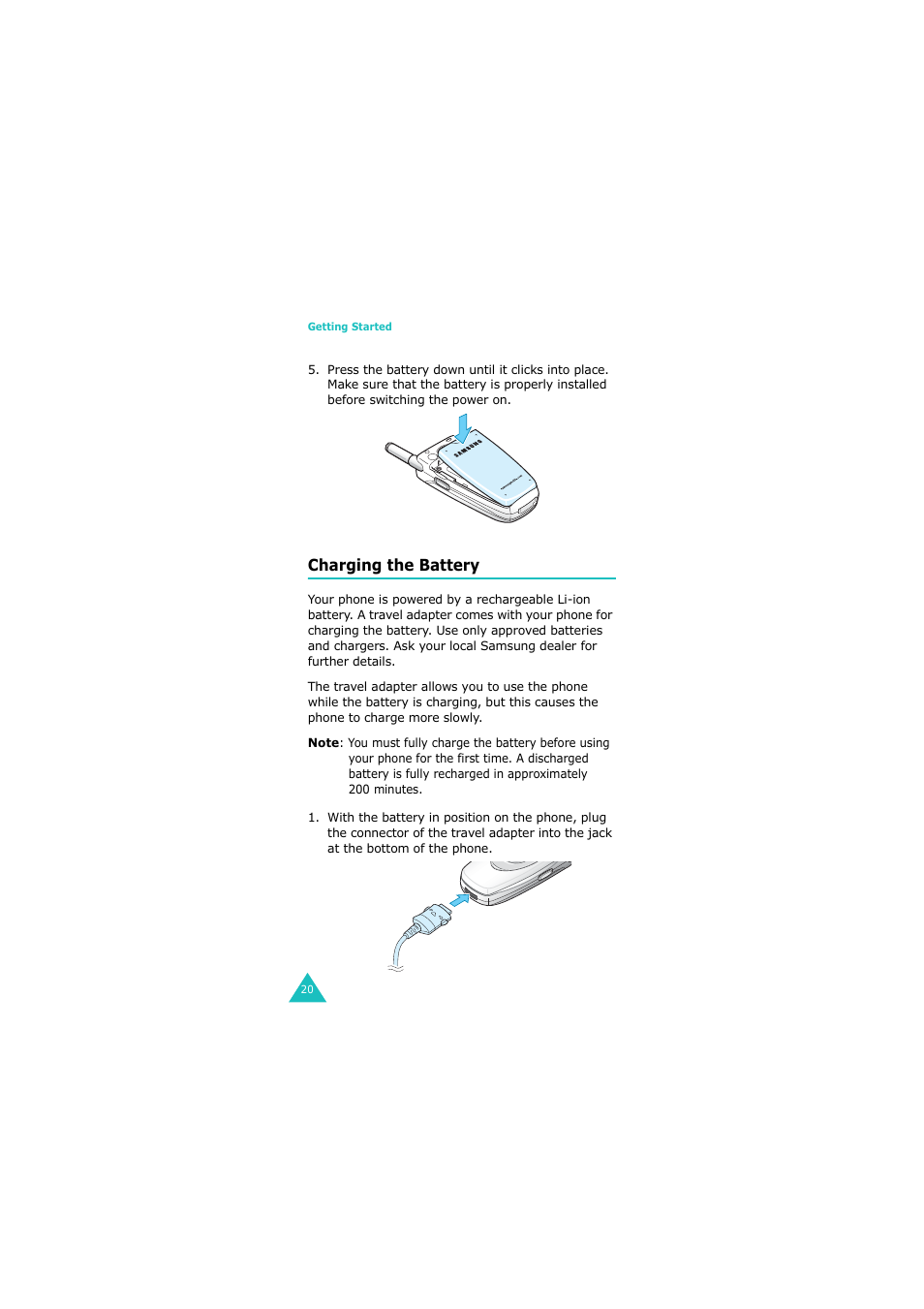 Charging the battery | Samsung G H68-05336A User Manual | Page 21 / 201
