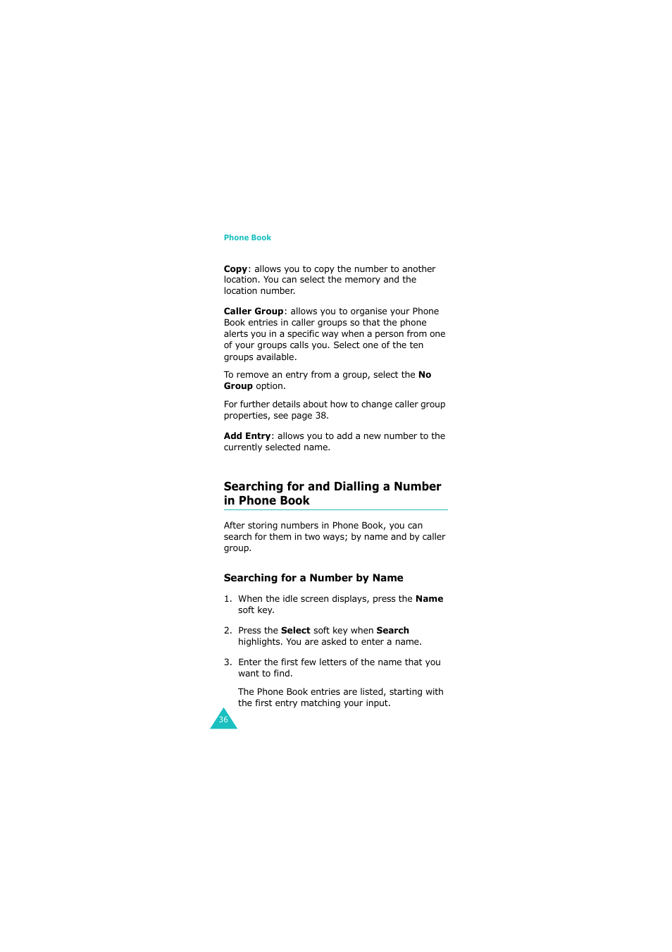 Searching for and dialling a number in phone book | Samsung G H68-05336A User Manual | Page 37 / 201