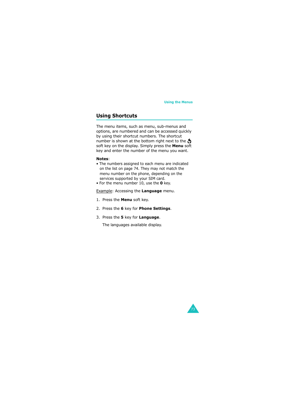 Using shortcuts | Samsung G H68-05336A User Manual | Page 74 / 201