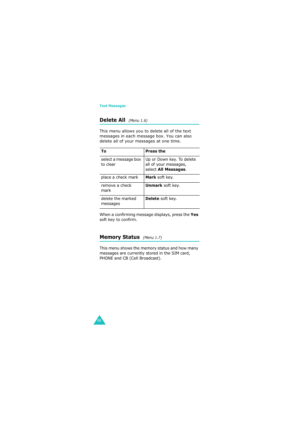 Delete all (menu 1.6), Memory status (menu 1.7), Delete all | Menu, Memory status | Samsung G H68-05336A User Manual | Page 89 / 201