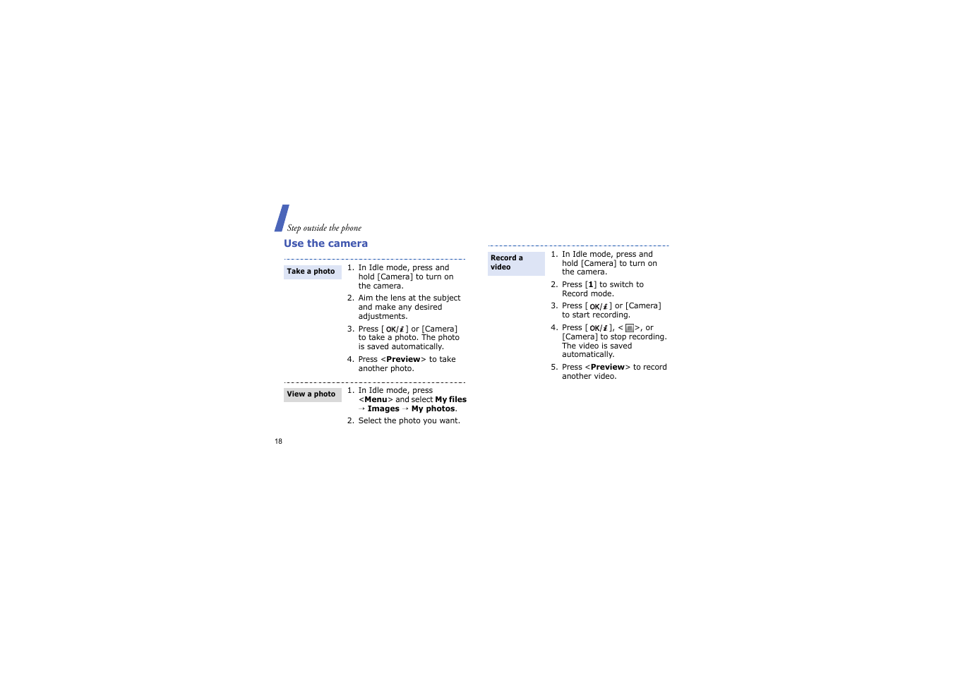 Use the camera | Samsung BLUETOOTH GH68-13098A User Manual | Page 21 / 50