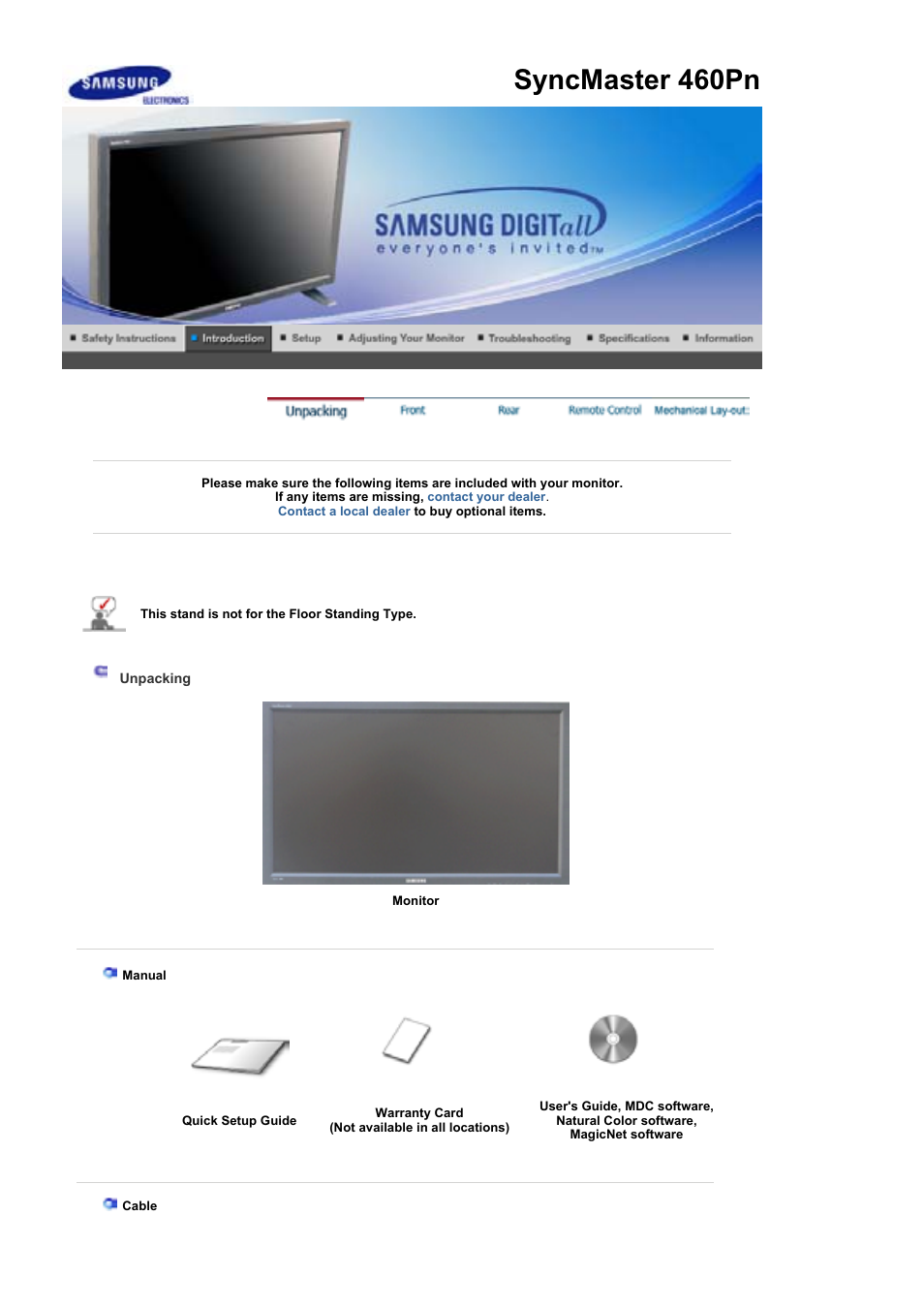 Unpacking, Front, Syncmaster 460pn | Samsung 460P User Manual | Page 10 / 154