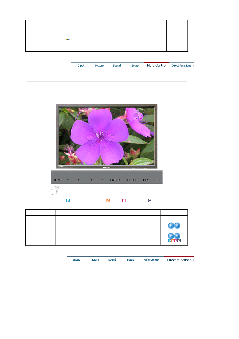 Direct functions, Multi control | Samsung 460P User Manual | Page 108 / 154