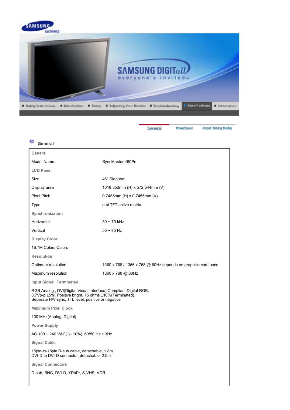 Syncmaster 460pn, General, Powersaver | Samsung 460P User Manual | Page 140 / 154