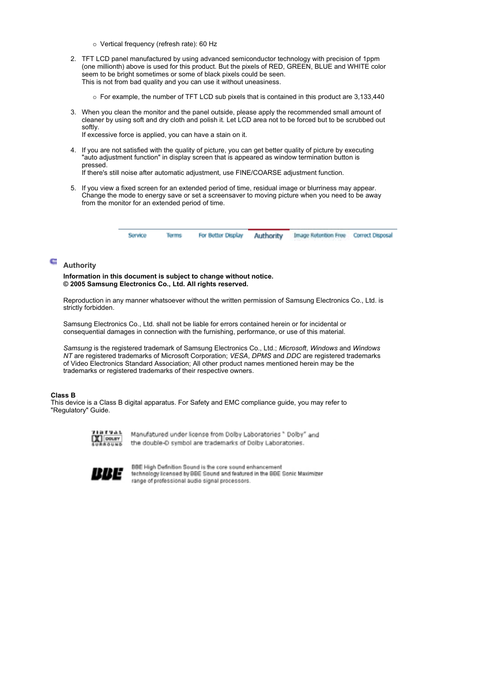 Authority, Image rentention free | Samsung 460P User Manual | Page 151 / 154