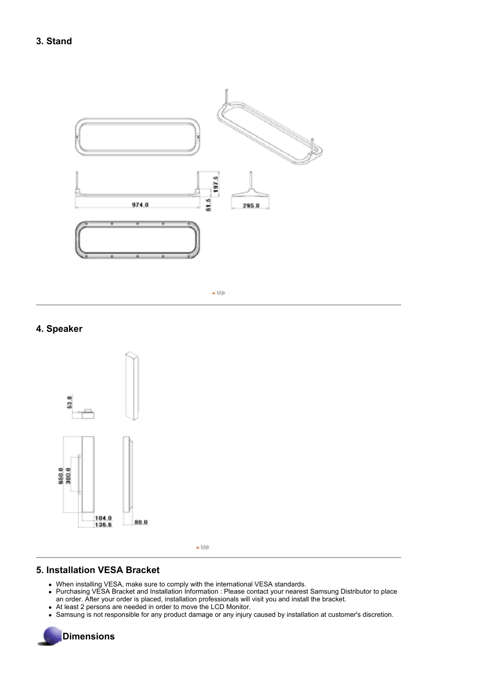 Stand 4. speaker 5. installation vesa bracket, Dimensions | Samsung 460P User Manual | Page 33 / 154