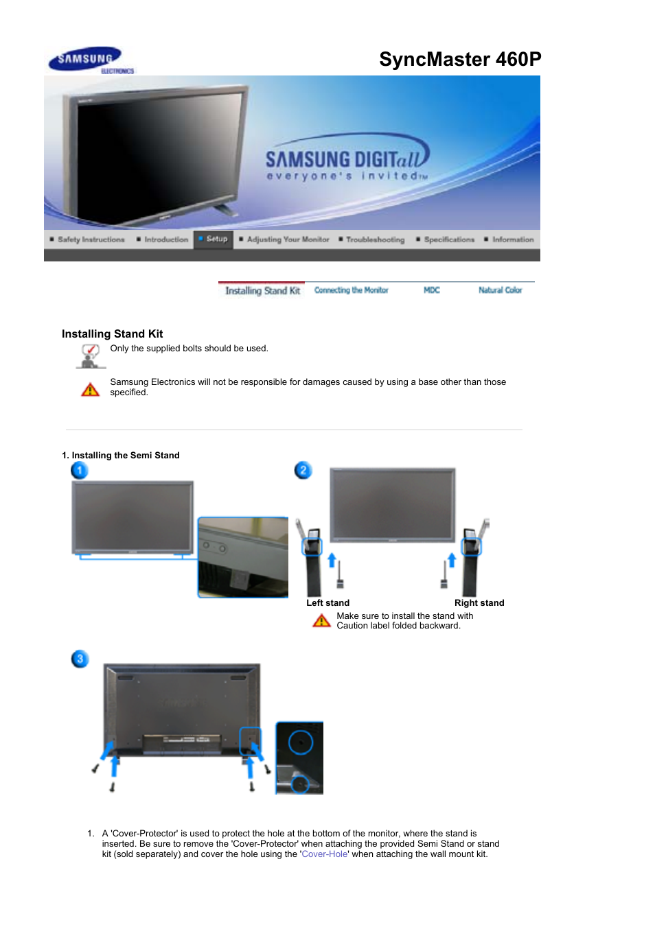 Installing stand kit, Connecting the monitor, Syncmaster 460p | Samsung 460P User Manual | Page 64 / 154