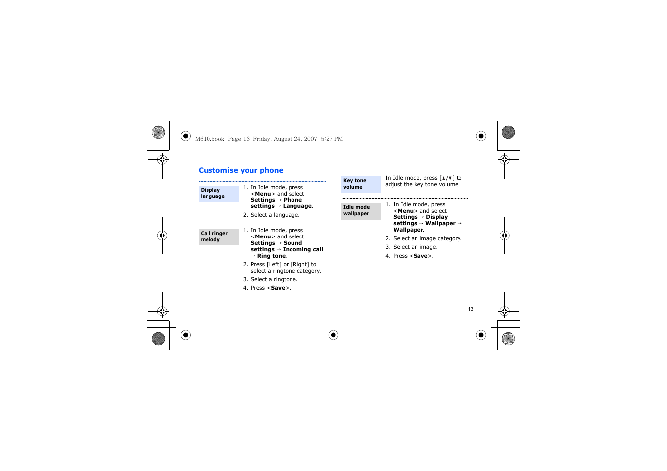 Customise your phone | Samsung SGH-M610 User Manual | Page 15 / 49